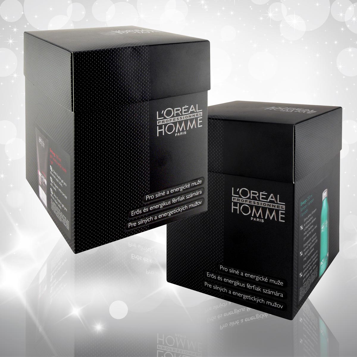 Vianočné darčeky L’Oréal Professionnel 2014 pre mužov – špeciálny darčekový balíček obsahuje energizujúci šampón a gél strong.