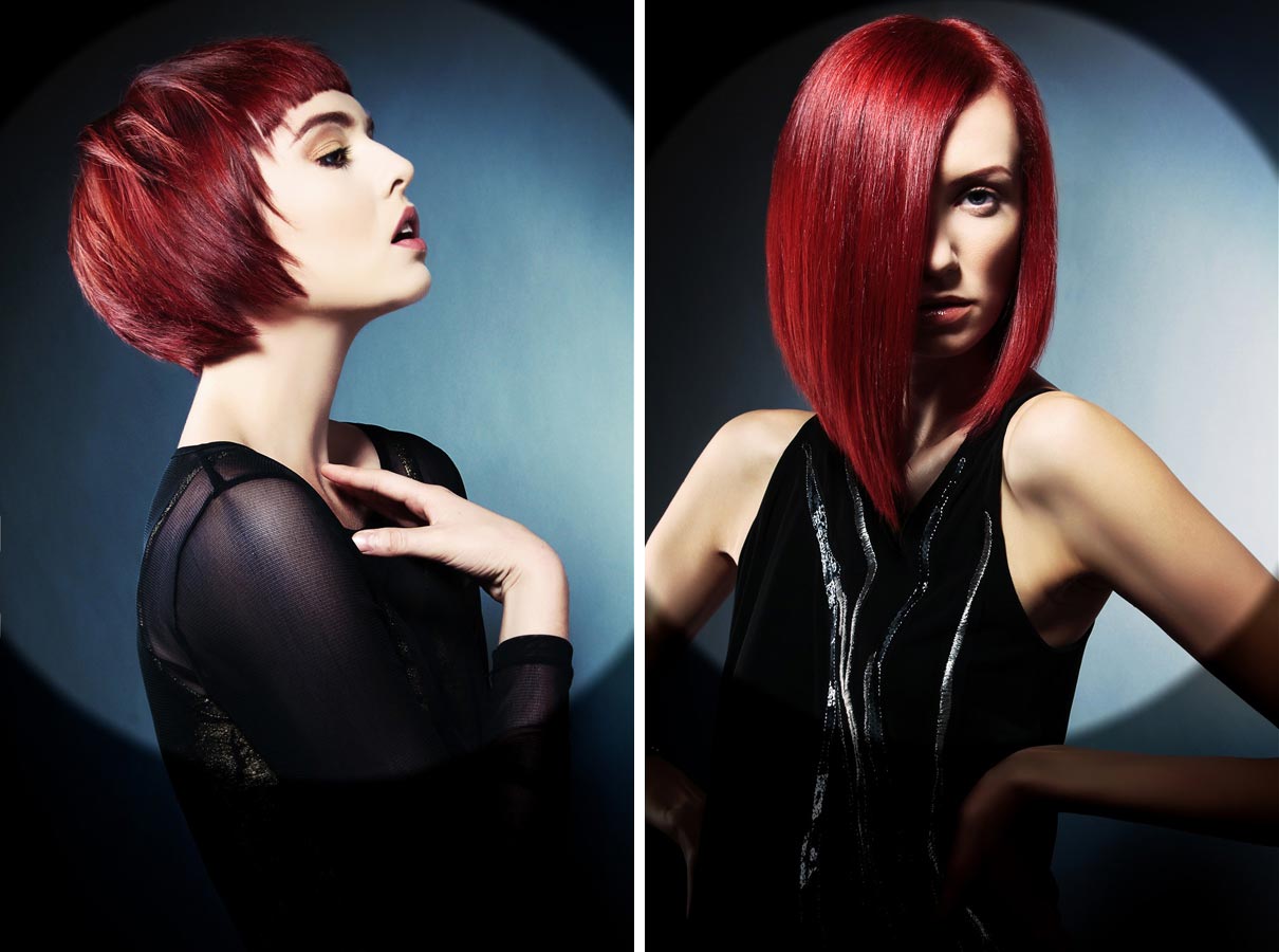 Červená farba na vlasy je hviezdnym odtieňom pre odvážne ženy. Účes na obrázku je z kolekcie Jamison Shaw.
