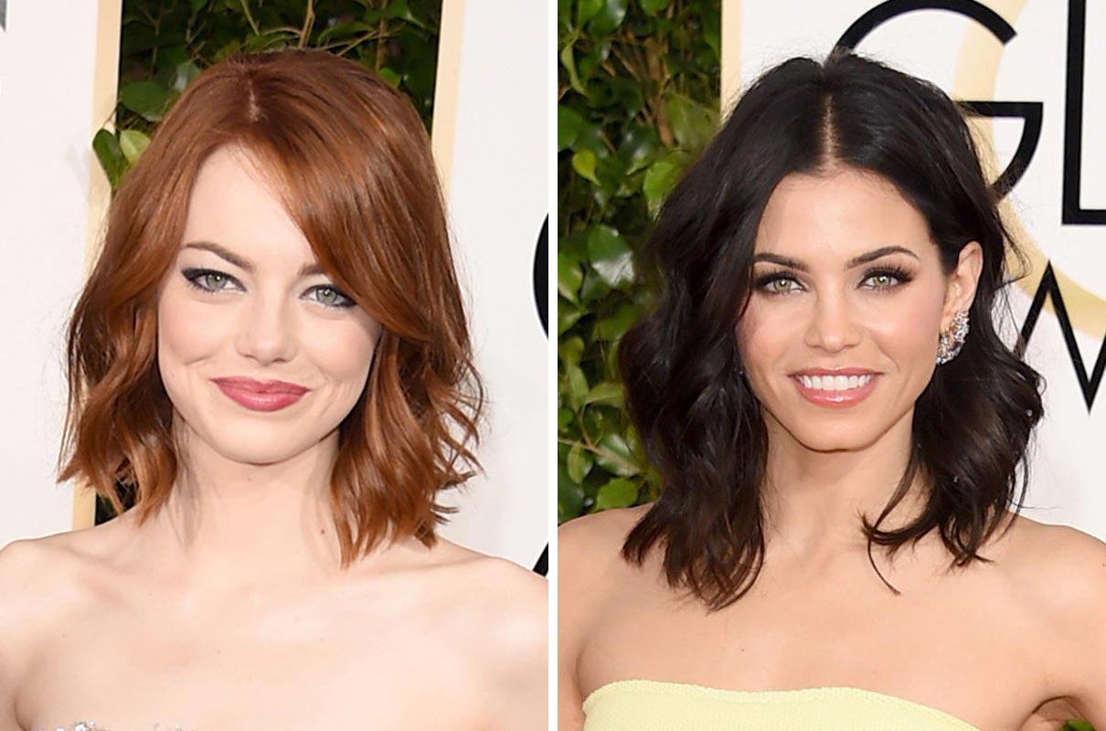 Vlnitý lob je ideálne riešenie pre slávnostný účesy z polodlhých vlasov. Podobný zvolili na Golden Globes 2015 Emma Stone alebo Jenna Dewan.